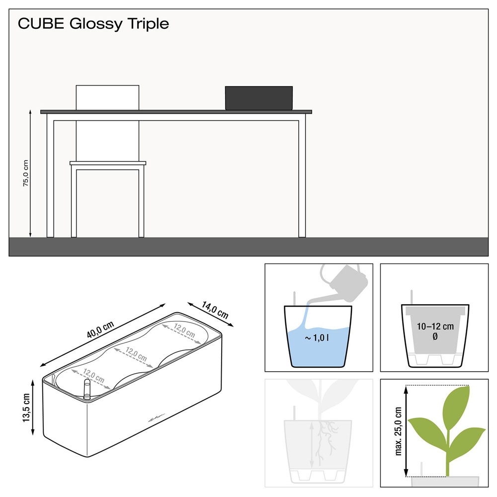 Кашпо Cube Glossy Triple — вид сбоку и детали отделки