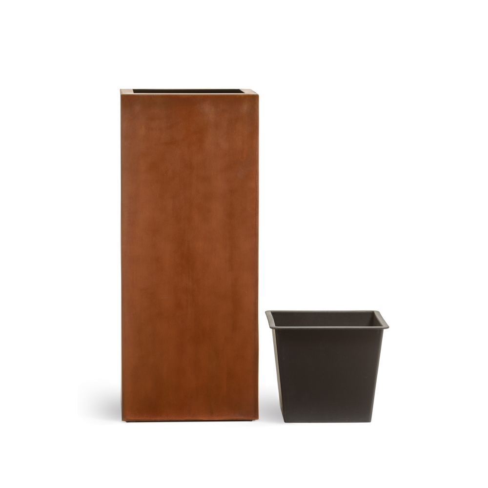 Кашпо TREEZ Effectory Corten Steel Высокий куб - Кортеновская сталь - Бархатистая окись — вид сбоку и детали отделки