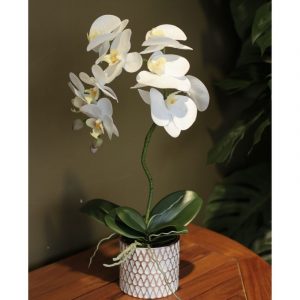 Композиция "Орхидея Белая 1 ветка в керамическом бело-бронзовом цилиндре"
