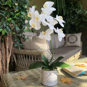 Композиция "Орхидея белая 1 ветка в бело-бронзовом кашпо"